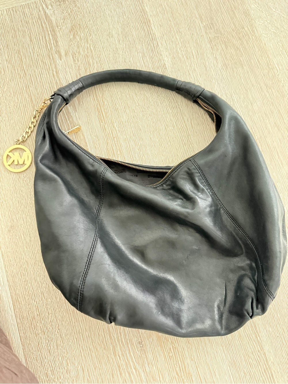 Michael Kors Black Leather Hobo Shoulder Bag with Gold Charm